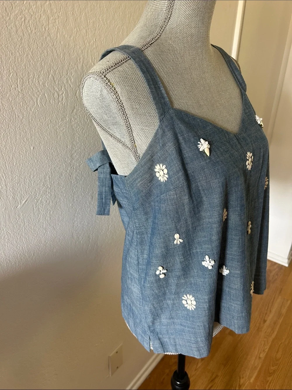 J. Crew Blue Cotton Chambray Embellished Tank with Tie Straps Size 10